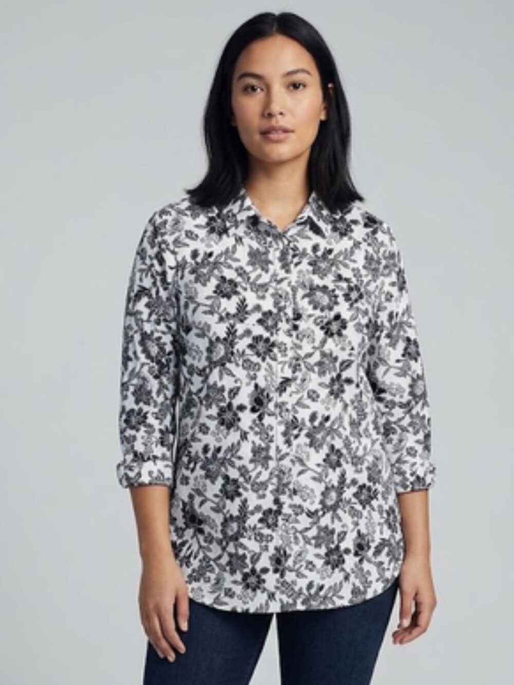 Lands' End Classic Fit Floral Button Up Shirt Black & White Cotton No Iron, sz 8